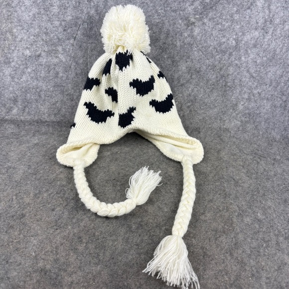Disneyland Paris Mickey Knit Earflap Beanie Hat White Black Pom Adult Tassels main image 6